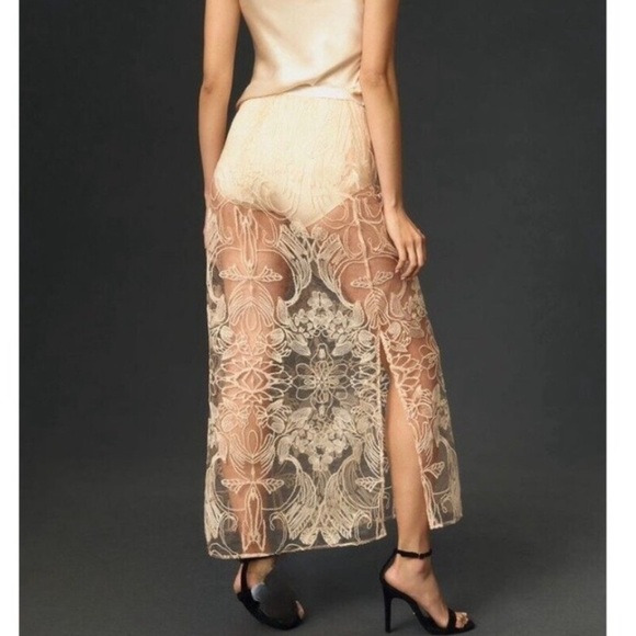 ANTHROPOLOGIE Sheer Lace Embroidered Maxi Skirt Rose Color Size M NEW Demure - Picture 8 of 13